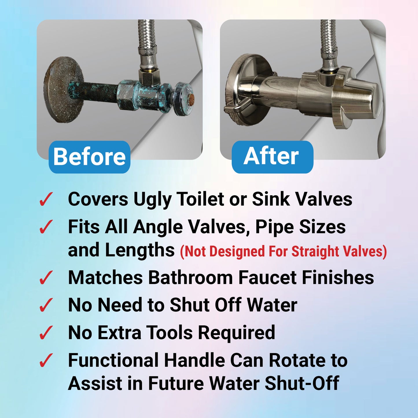 Hides Ugly Bathroom Plumbing Valves & Escutcheon Plate. Decorative Angle Wall Valve Cover: Upgrade Bathroom Decor.  TapCap T10DC100