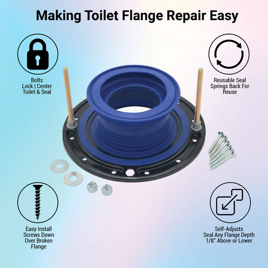 Toilet Flange Repair Kit. Toilet Parts: Toilet Repair Flange, Self-Adjusting Wax Free Toilet Seal, Bolts. Toilet Repair Kit. One-N-Done T10-OND-400-MB